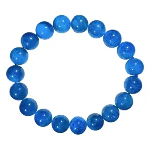 10mm light-blue apatite bracelet on wooden geometric stand